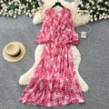 French-inspired vacation print dress for women, perfect for spring and autumn. korean style, long sleeves, cinched waist, a-line silhouette, slimming and elegant