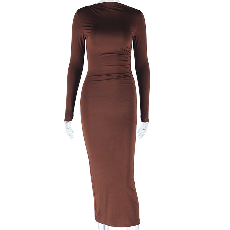 Fashion style insexport women's pure color round neck long sleevespullover street one-step dressdress one piece dropshipping