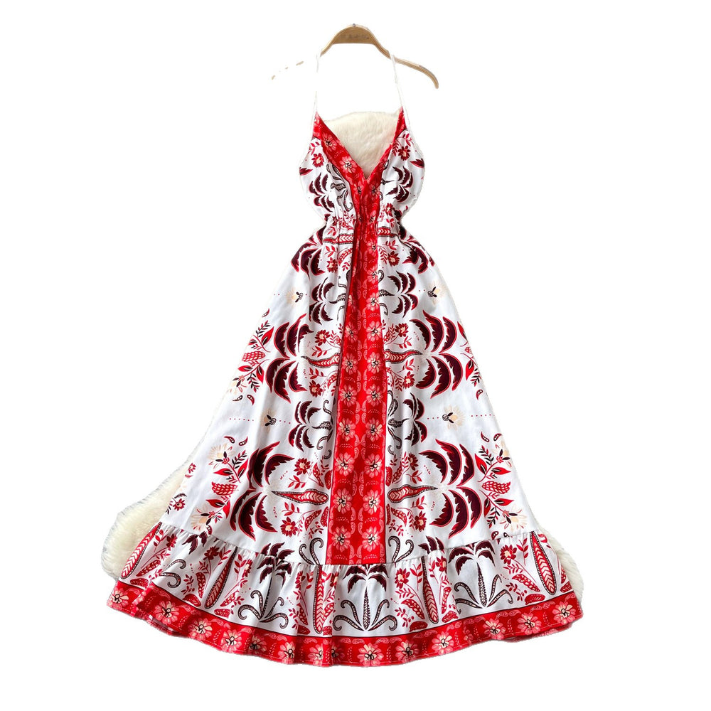 Vacation style v neckprinting suspender pure desire dress women's summer waist slimming lookruffles sleeveless elegant long skirt