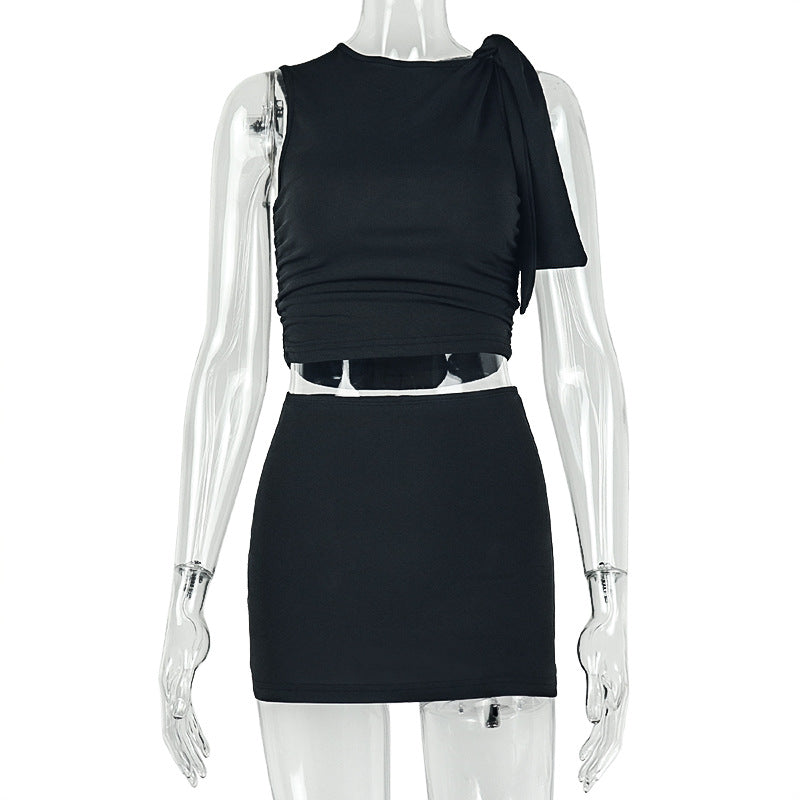 European and american style cross-border solid color spring/summer women's bodycon mini pleated skirt set - sleeveless tie-up slim fit trendy two-piece outfit