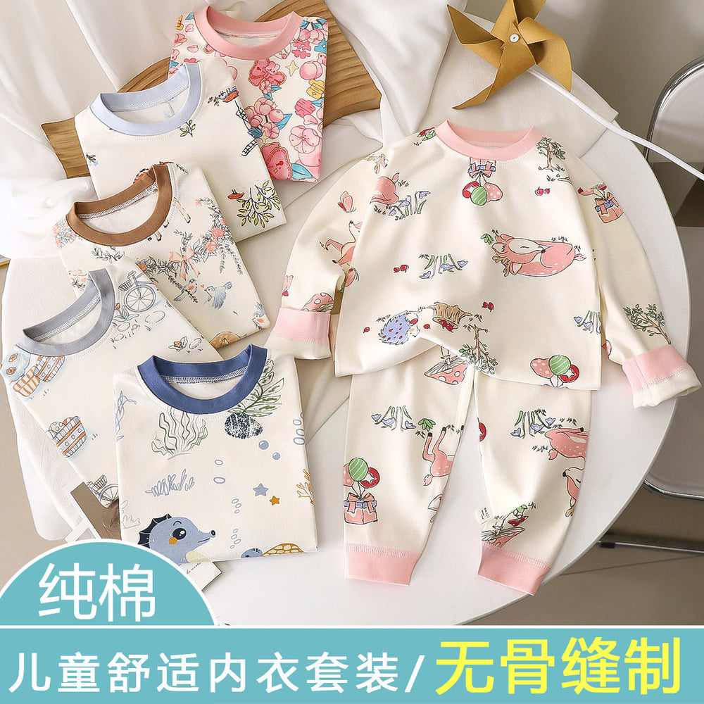 Custom kids' thermal underwear set - factory direct, 100% cotton, crew neck base layer, spring/autumn style, toddler & children's sizes, all-cotton loungewear