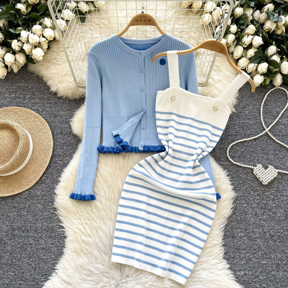 French-inspired knit set for women: winter striped camisole dress + ruffle trim cardigan
