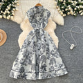 new women's high-end elegant dress - sleeveless, notched collar, cinched waist, single-breasted, ink wash painting jacquard maxi dress