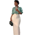 European and american cross-border women's fashion:  autumn new collection - stylish green striped long-sleeve shirt and high-waisted midi skirt set