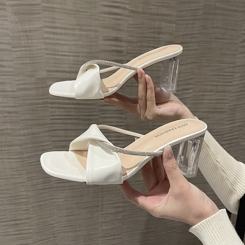 French transparent high heel sandals women's outerwear 2024 summer new sandals easiest for match open toe thick heel crystal slippers