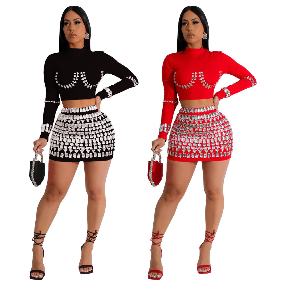 C7128 cross-border   fashion women's long-sleeve sexy bodycon mini skirt rhinestone two-piece set