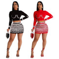 C7128 cross-border   fashion women's long-sleeve sexy bodycon mini skirt rhinestone two-piece set