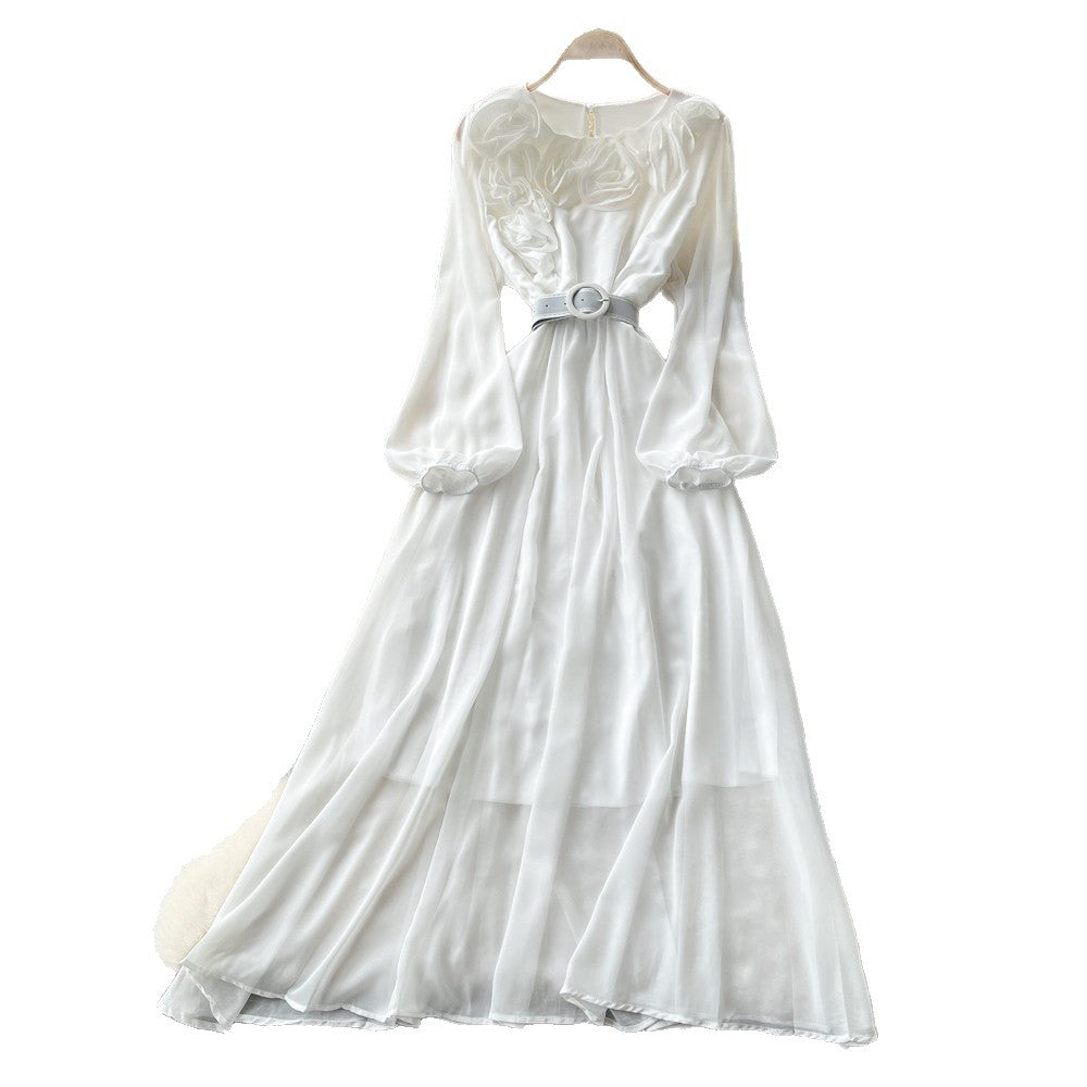 Vintage chic lantern sleeve v-neck lace patchwork dress - women's summer korean style slimming a-line maxi dress