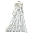 Vintage chic lantern sleeve v-neck lace patchwork dress - women's summer korean style slimming a-line maxi dress