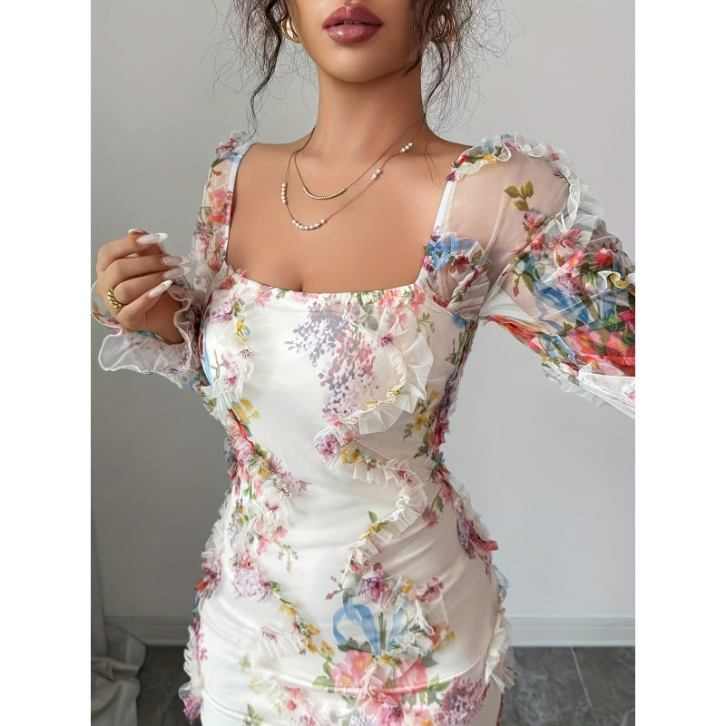 Women's spring/summer new arrival: elegant and romantic mesh floral print ruched long sleeve midi dress