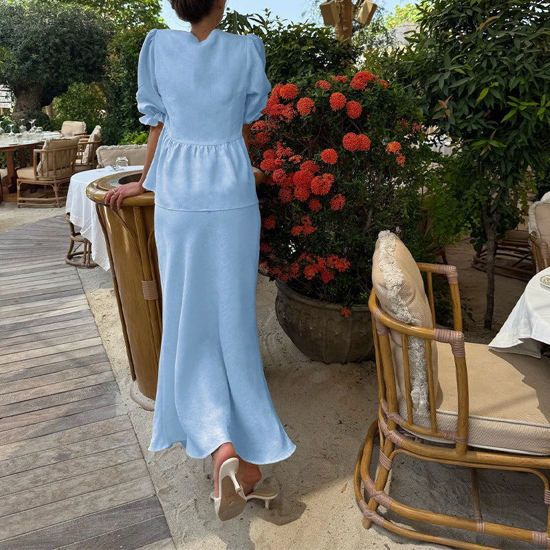 women's summer new arrivals: cross-border european & american fashion - elegant solid color v-neck tie-strap maxi dress set
