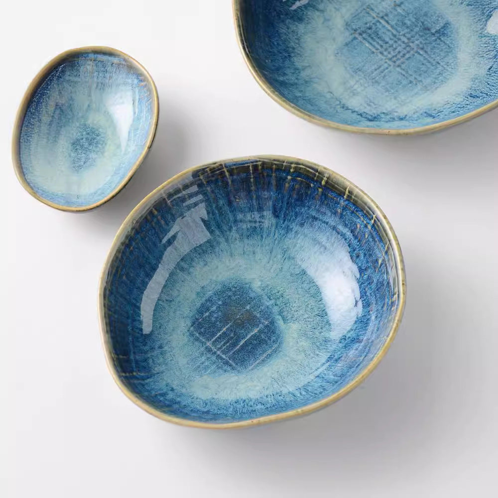 Kiln-turned creative cloth pattern salad bowl retro ceramic western food special-shaped soup bowl japanese irregular bowl chopstick-style noodle bowl