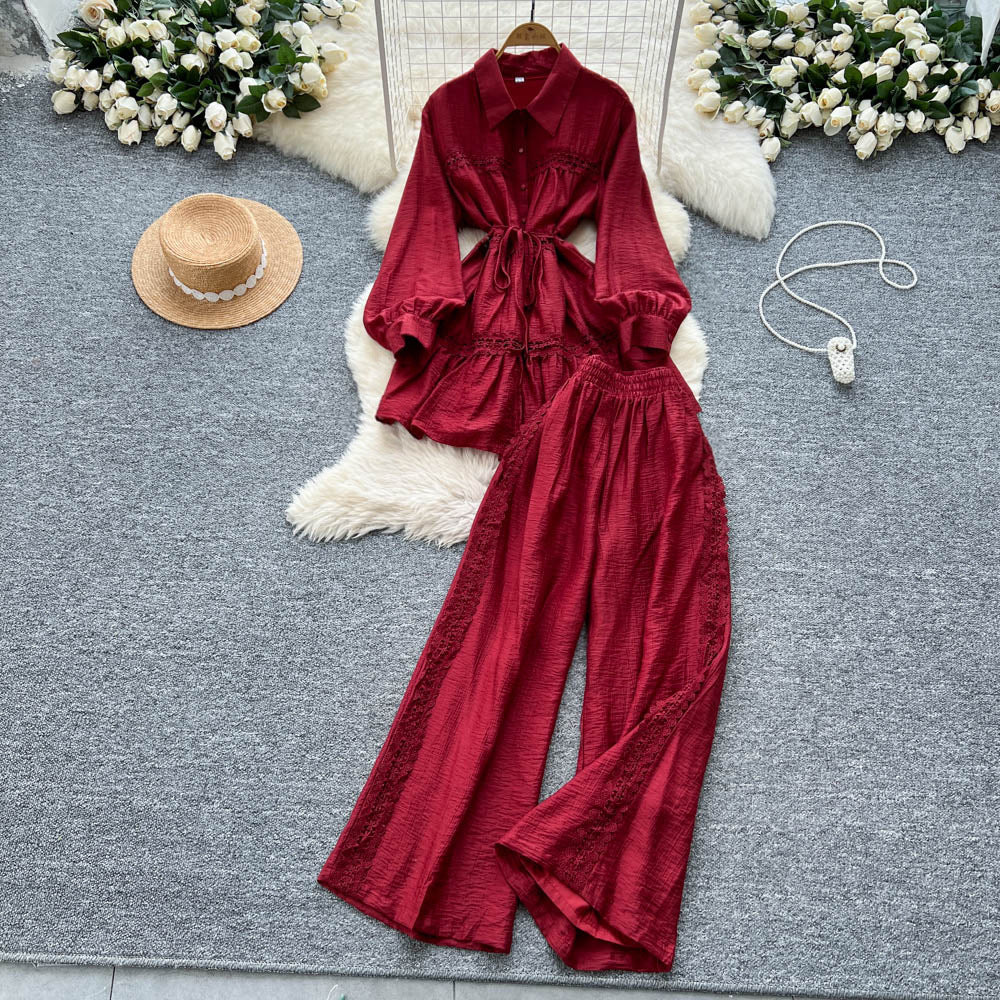 Frenchretro young ladysuit women's summer lantern sleeve shirt + elastic waist slimming look wide leg drapedpants