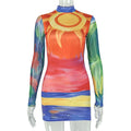 European and american style cross-border printed casual bodycon dress - round neck, long sleeve, colorful new dress for everyday wear
