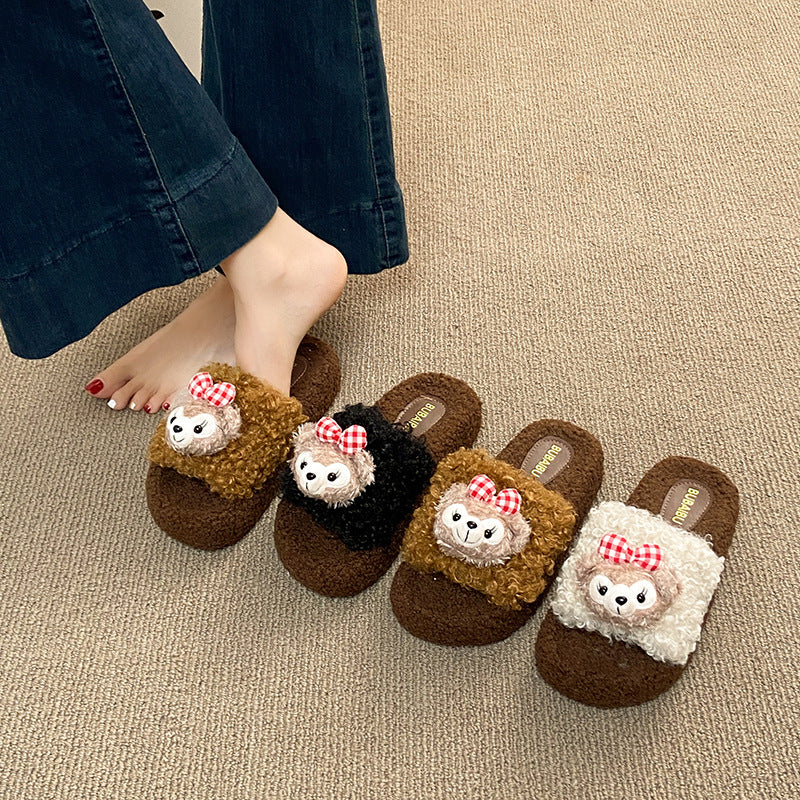Cute shirley rose curly teddy hair thick cashmere cotton slippers women's fall and winter outwear non-slipheattech open toe cotton