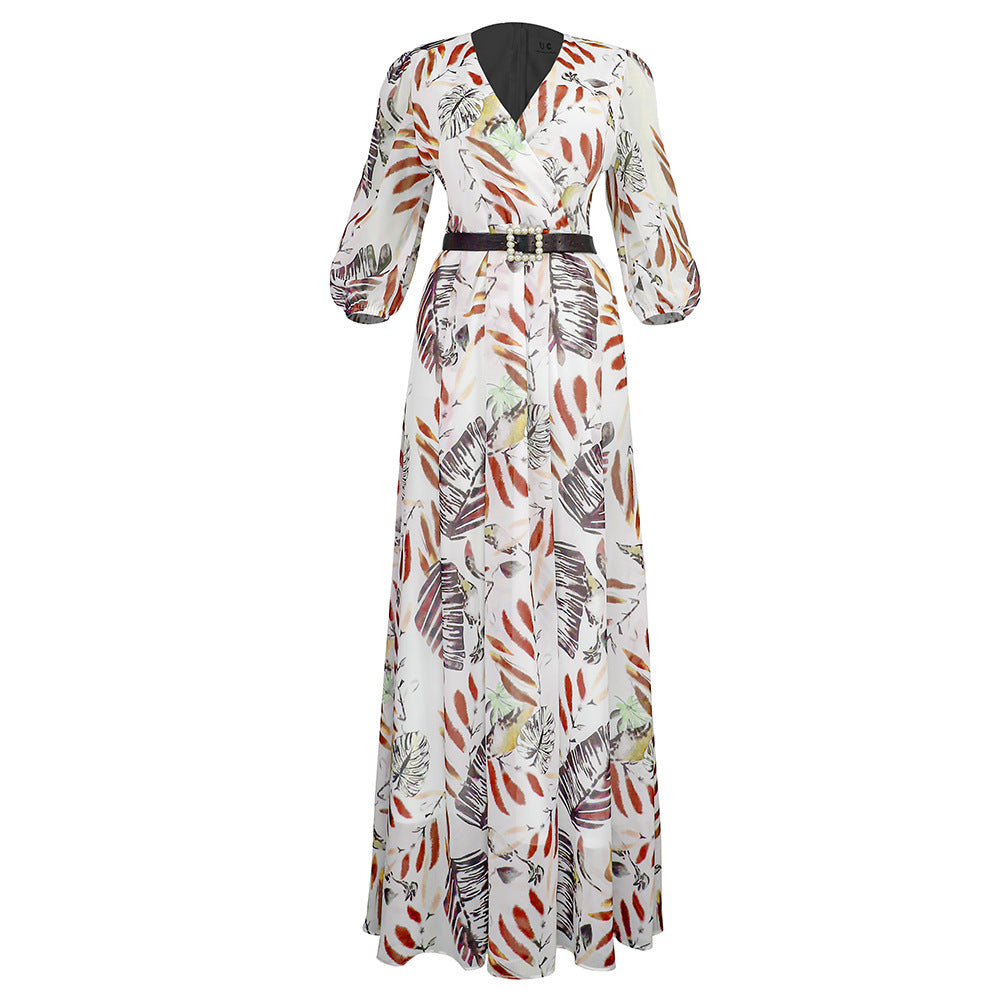 African women's clothing   new sexy v-neck printed dress european and american  long maxi skirt + belt