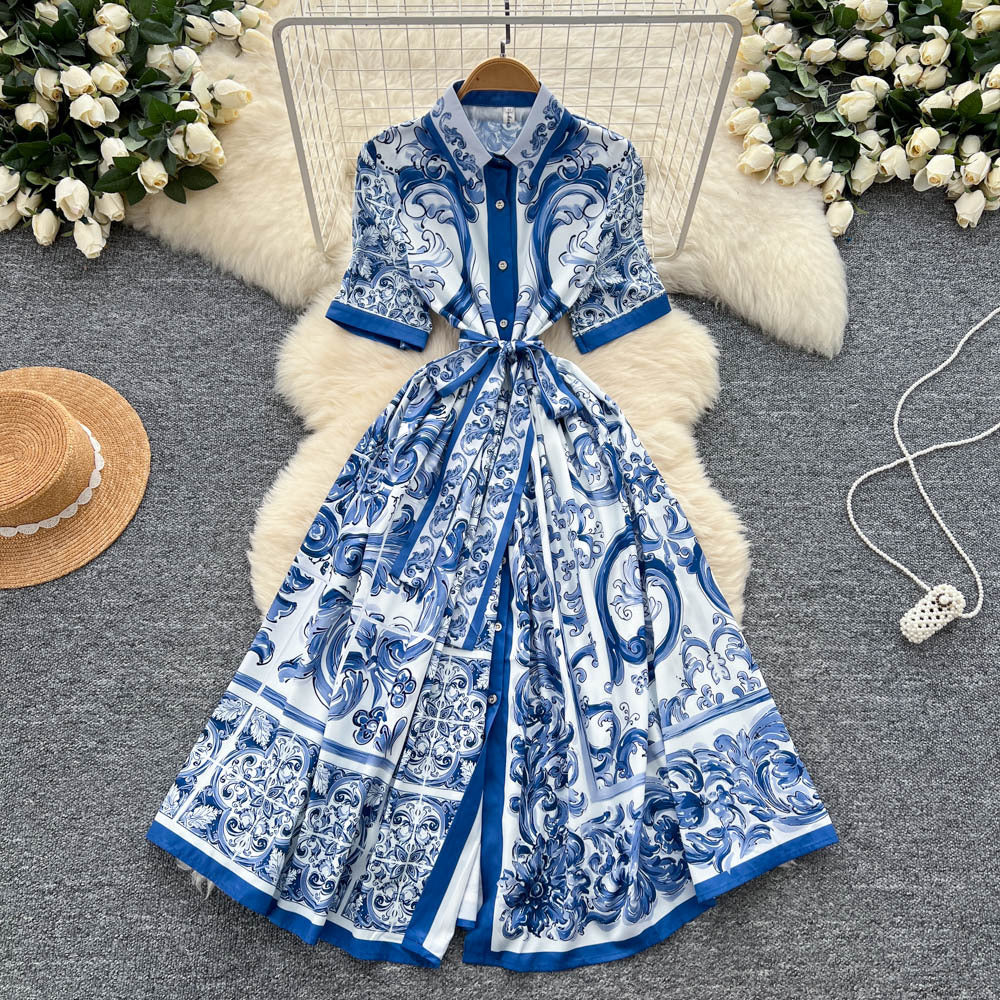 European and american niche style court-inspired placement print dress - women's summer high-end tie-waist single-breasted shirt dress