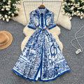 European and american niche style court-inspired placement print dress - women's summer high-end tie-waist single-breasted shirt dress