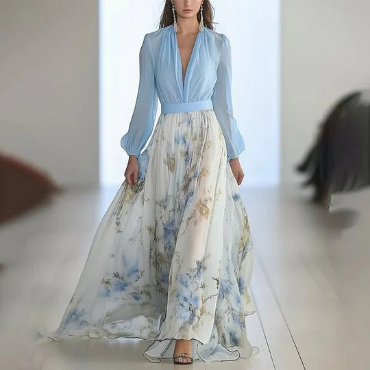 european and american style women's  independent store digital print long sleeve v-neck patchwork maxi dress