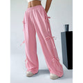 european and american style women's spring/autumn elastic waistband color-blocked straight-leg casual white athletic pants with bow detail