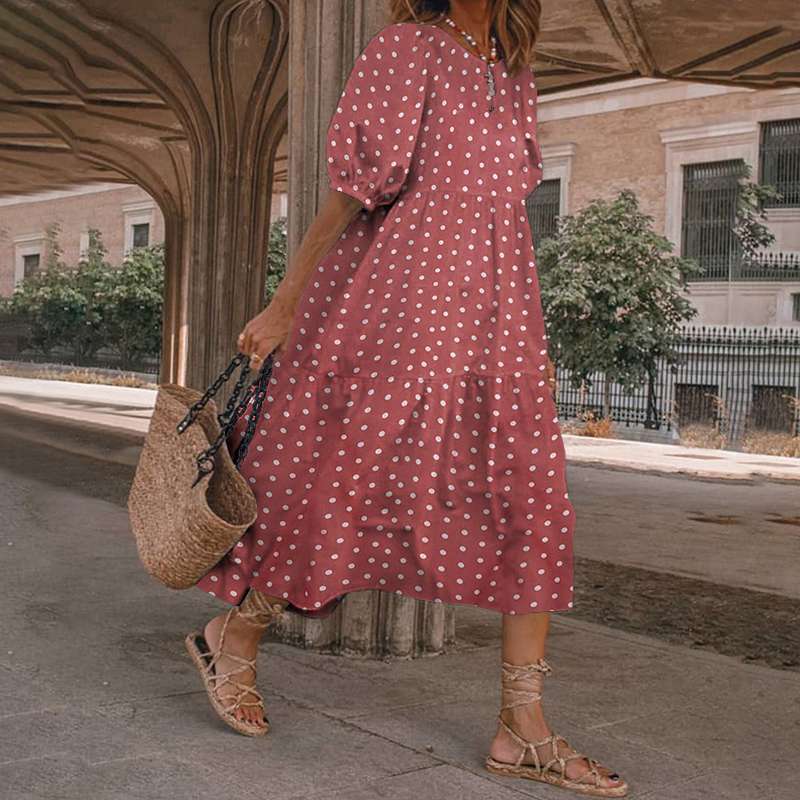 retrodress sundress puff sleeves polka dot printing summer casual plus size women's suit