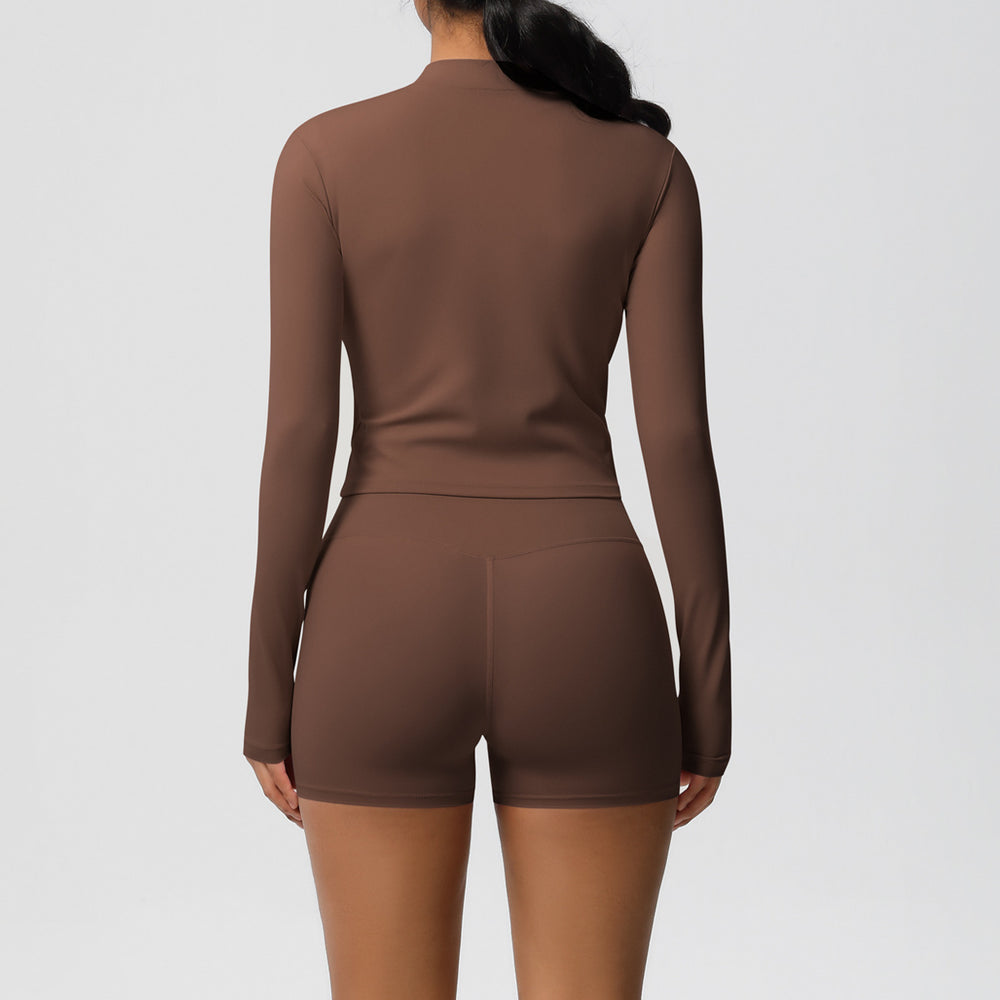 Ready-to-ship cross-border double-sided brushed solid color fitted zip-up jacket yoga set workout running fitness set for women