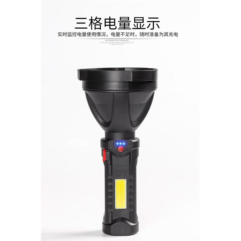 Cross-border new LED flashlight USB charging outdoor camping with side light power display plastic small flashlight
