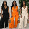 C7786 cross-border  new women's sleeveless v-neck criss-cross tie-up slit top wide-leg commuter jumpsuit