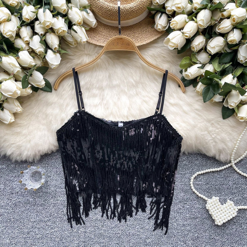 Fringed camisole top - women's sexy dance performance outfit - sweet & spicy halter top with sequins - sparkling cropped chic top
