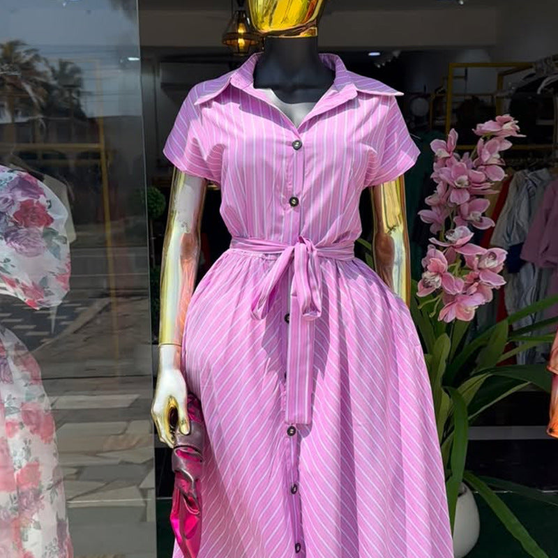 European and american cross-border women's fashion:  spring new arrival - stylish striped midi dress with turn-down collar, tie detail, and button-down front