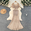Korean style women's vacation outfit: gentle and chic crochet knit short-sleeve cardigan dress + camisole slip dress