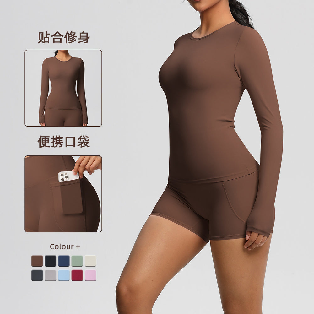 New arrival: european and american style solid color double-sided brushed nylon long-sleeve yoga set - activewear two-piece for running and fitness