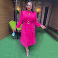 Fashion cross-border  plus size women's clothing african pure color new arrivalautumhigh waistslimming look fungus edge dress