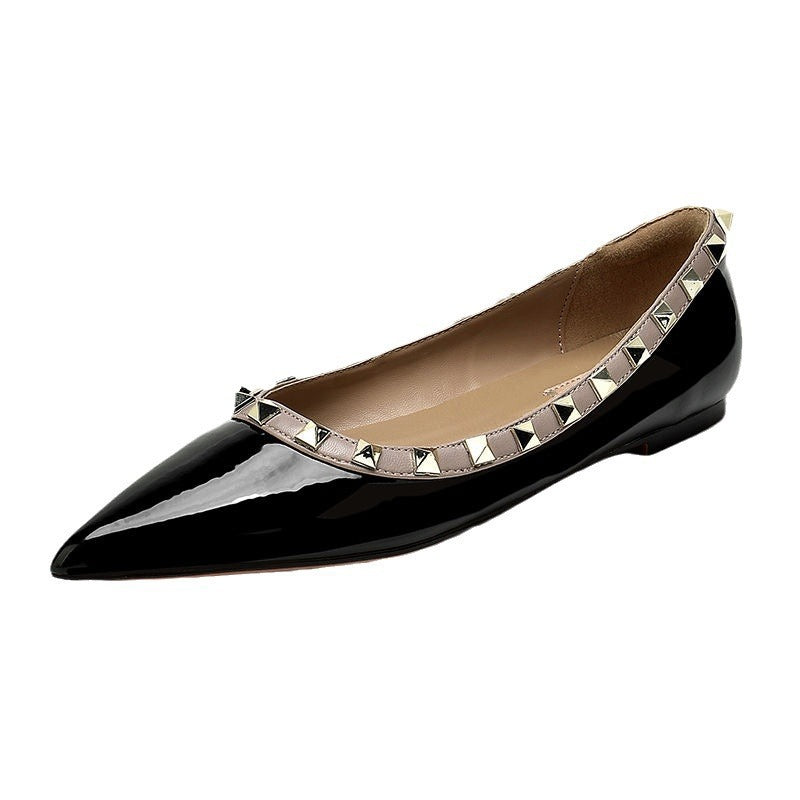 2024new arrival spring and summer studded flats shoes shallow patent leather willow soft bottom boat shoes flats shoes women's pointed toe flats women