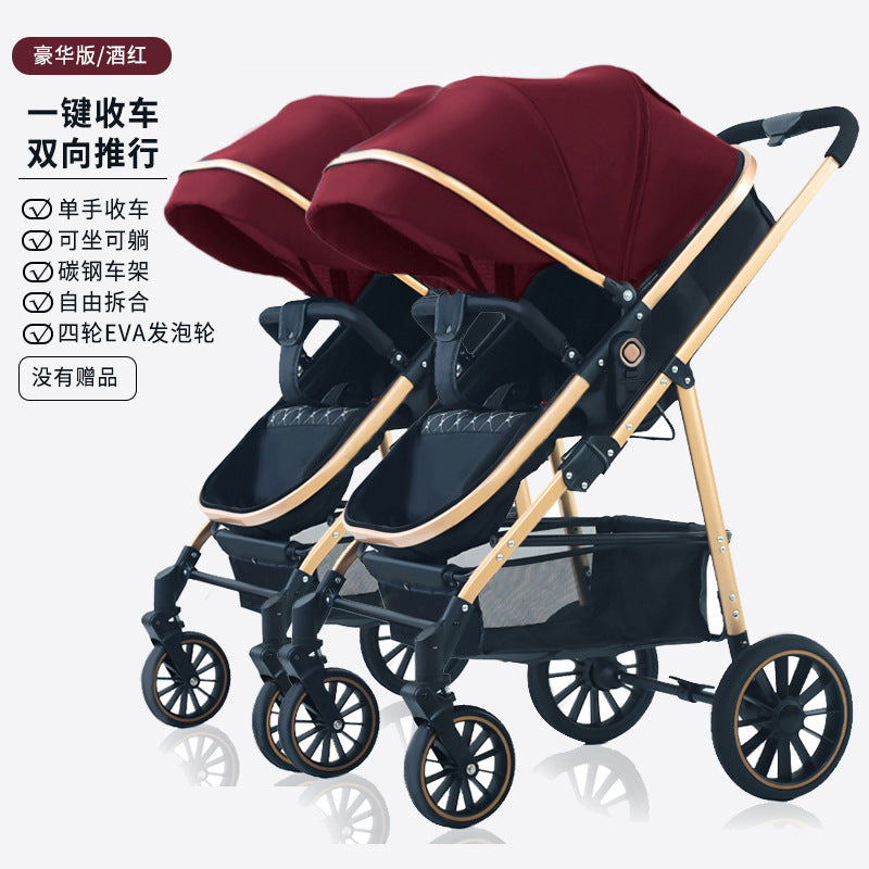 Twin stroller - lightweight, high-view, portable, convertible (sitting/reclining), detachable, double baby stroller, foldable, universal fit