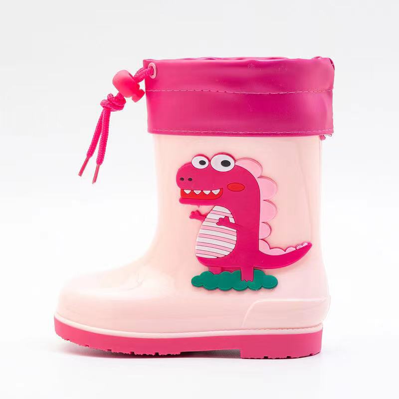 Kids' fashion waterproof warm rain boots - cute cartoon dinosaur design, non-slip, drawstring closure, all-season rain boots for boys and girls