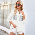 Fashion cross-border women's clothing  independent station new washed loose raw edge sequin flap pocket pants denim shirt tops