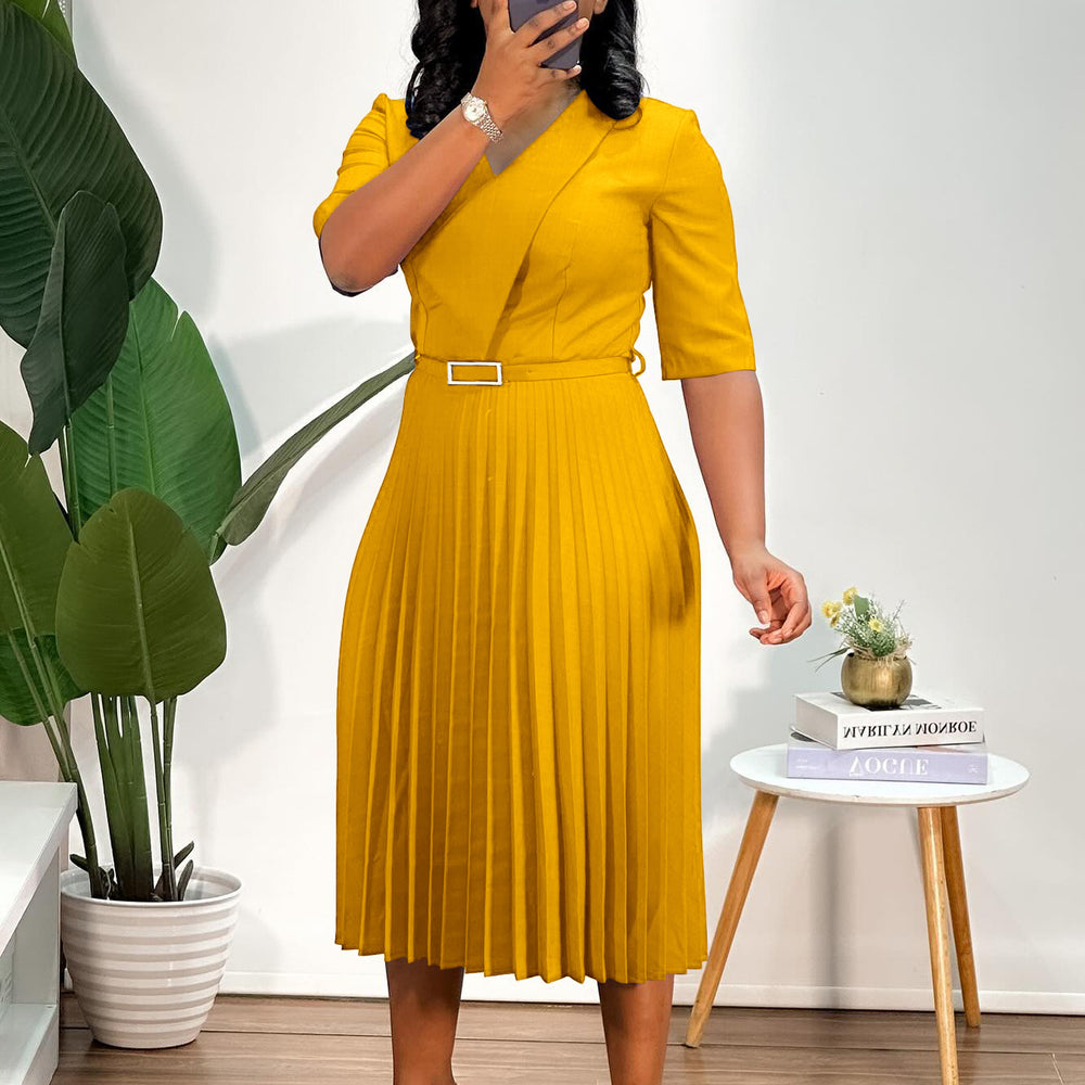 D3296  foreign trade women's clothing  new solid color v-neck fashionable elegant pleated african cross-border dress