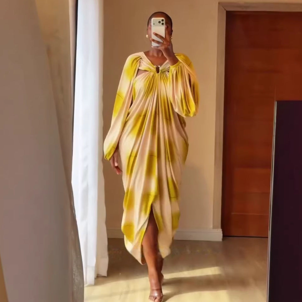 European and american cross-border women's fashion:  summer new arrivals - chic and elegant printed tie-back bodycon ruched mini dress