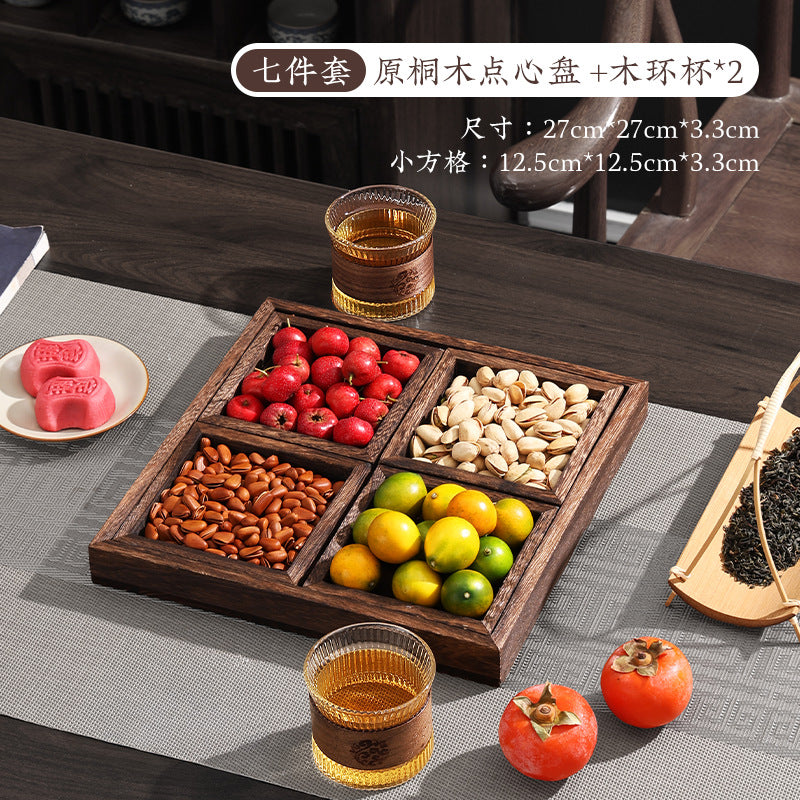 Wooden tray for tea brewing, dried fruit, afternoon tea snacks, and dim sum – original paulownia wood chinese-style multi-compartment tea tray