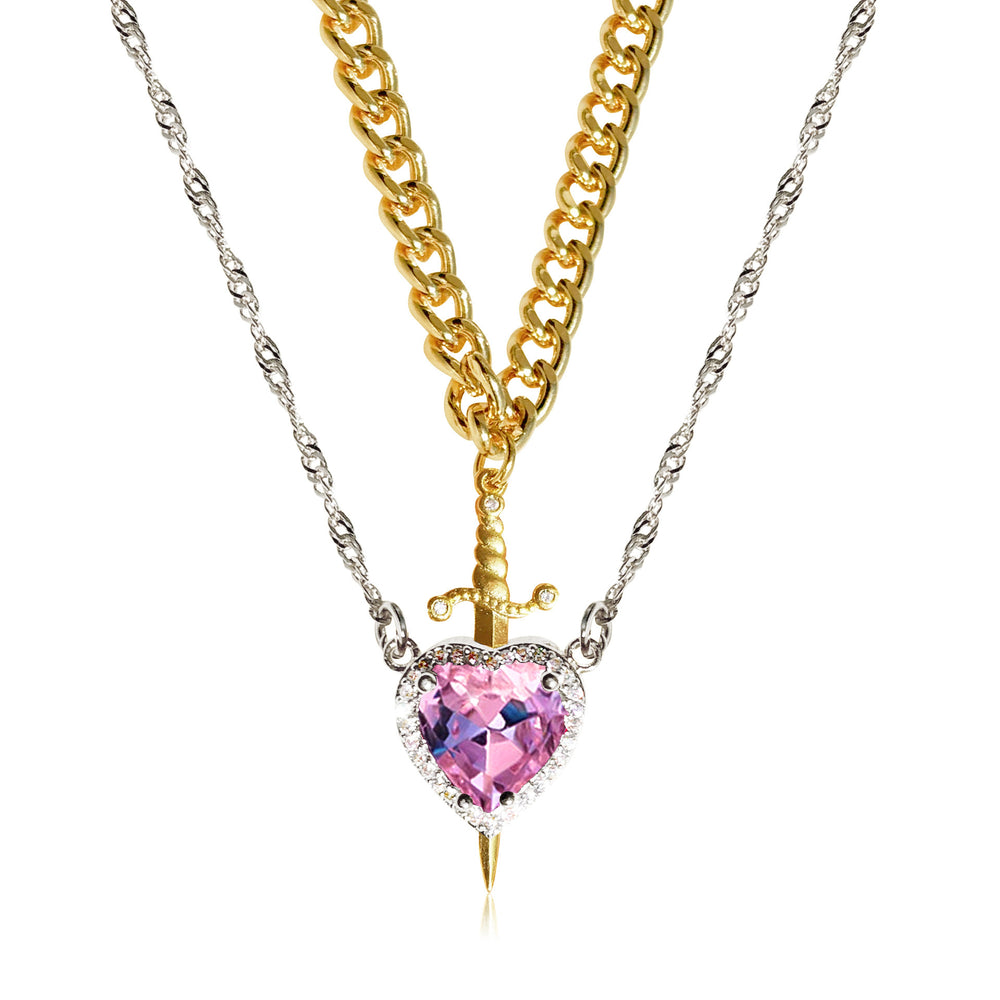 European and american new arrival hot selling pink crystal heart dagger pendant layered necklace french design women's clavicle chain
