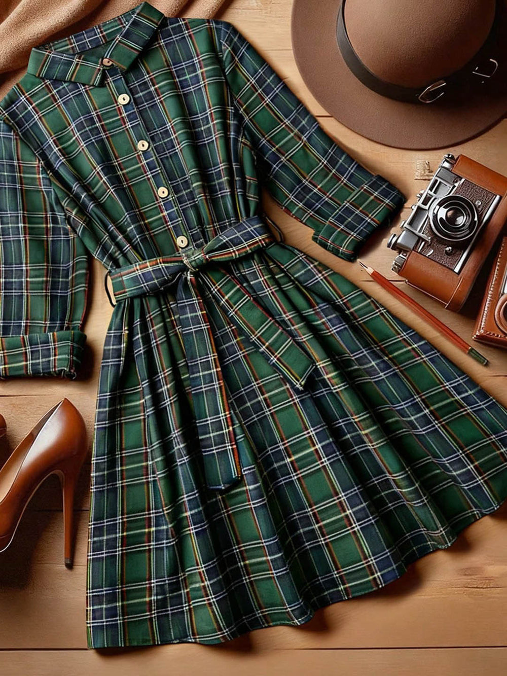 Vintage plaid shirt dress with turn-down collar, belted waist, a-line skirt, and roll-up cuffs