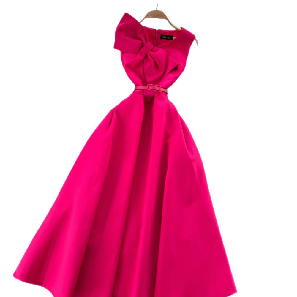 High-end women's french style formal dress - elegant, sleeveless, v-neck, cinched waist, slimming, and flattering a-line maxi dress with 3d bow detail