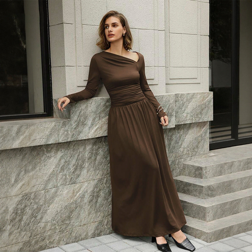 European and american high-end commute style deep brown one-shoulder neckline asymmetrical pleated waist design drapey long dress for women