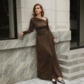 European and american high-end commute style deep brown one-shoulder neckline asymmetrical pleated waist design drapey long dress for women