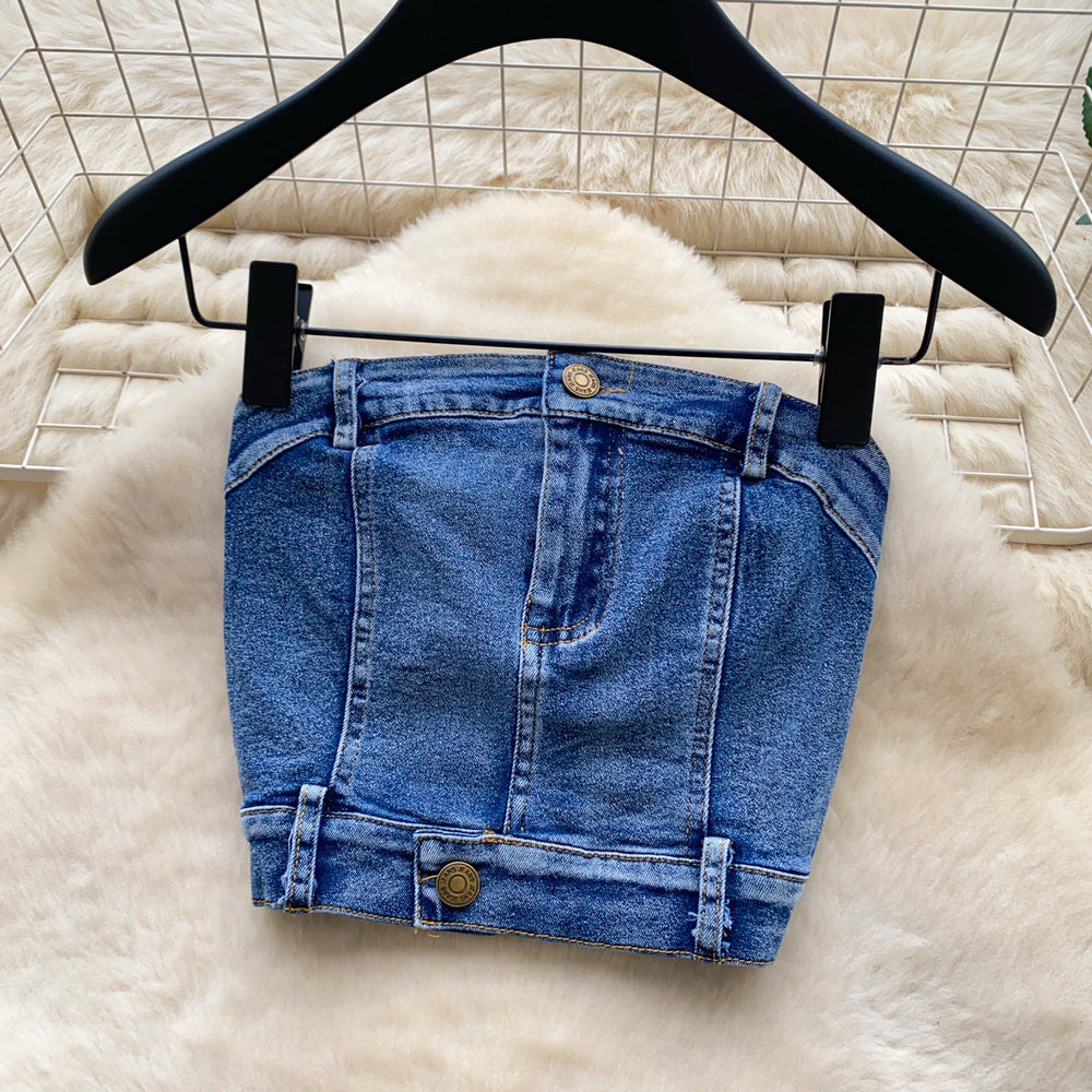 Retro denim casualtwo-piece set women's summer silmtube top vest hip cover skirt slimming lookhot girlsuit