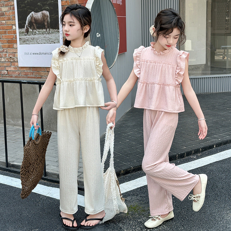 Girls' flutter sleeve solid color outfit, princess style children's clothing,  new girls' top, summer student chic two-piece set