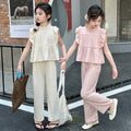 Girls' flutter sleeve solid color outfit, princess style children's clothing,  new girls' top, summer student chic two-piece set
