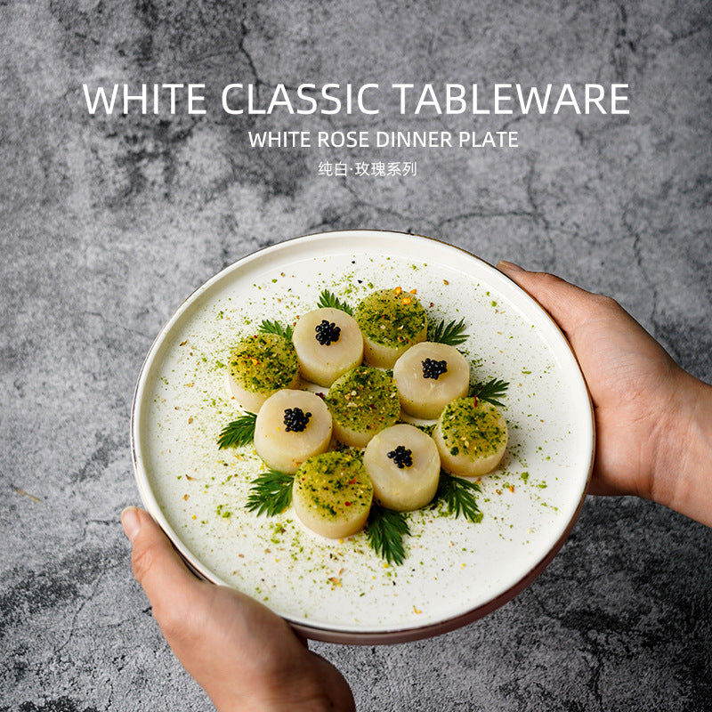 Nordic creative rimmed ceramic steak plate - personalized gold-edged ceramic round plate for restaurants, hotels, pizza, and business use