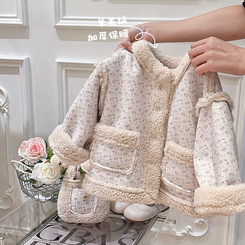 Girls' fall/winter fleece-lined outerwear, autumn baby cute early autumn clothes, korean style outing top, children's clothing